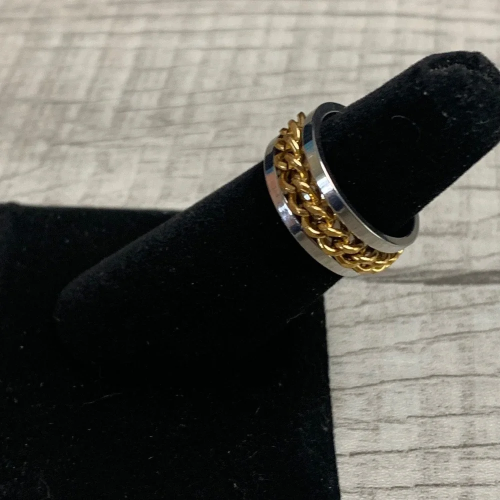 Two Tone Spinner Ring Gold Curb Chain Inlay Silver Band Fidget Ring Size 6